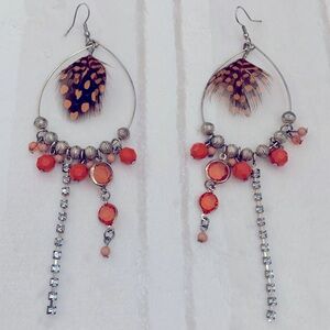 5 1/2” Dangling Feather Beads Chain Crystal Earrings